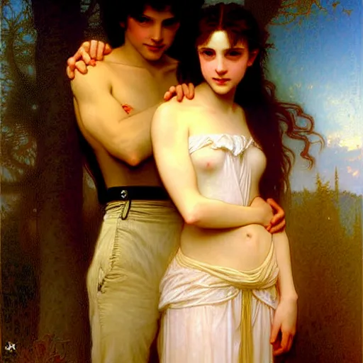 Prompt: twilight version of stranger things, portrait of edward and bella by gaston bussiere in the style of william - adolphe bouguereau, art nouveau