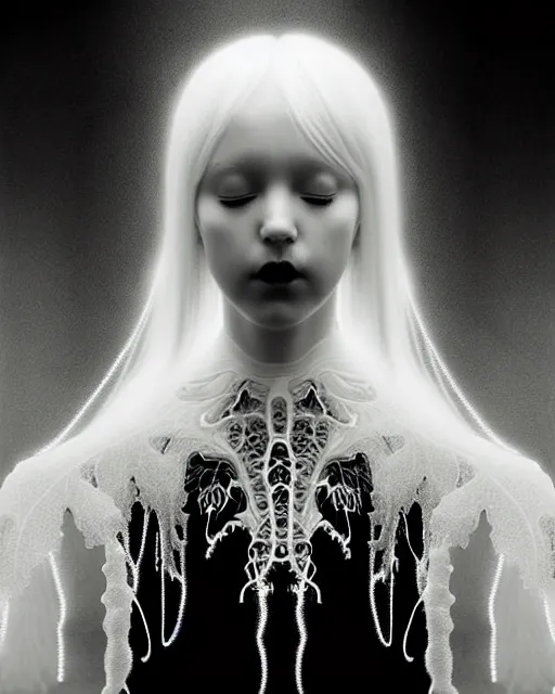 Prompt: dreamy foggy soft luminous bw art photo, beautiful young spiritual albino angelic cyborg biomechanical mandelbrot fractal porcelain profile face, very long neck, halo, white smoke atmosphere, rim light, big leaves and stems, fine foliage lace, alexander mcqueen, art nouveau fashion pearl embroidered collar, steampunk, elegant