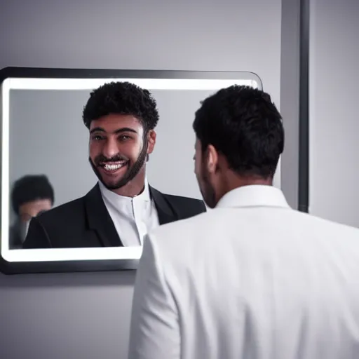 Prompt: smiling man looking into mirror wearing a white suit, reflection looking back frowning in black suit, realistic