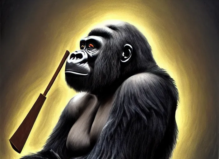 Prompt: a gorilla that is a judge, dressed as a judge's robes, seated in court, holding a huge gavel, cosmic horror painting, elegant intricate digital painting artstation concept art by mark brooks and brad kunkle detailed
