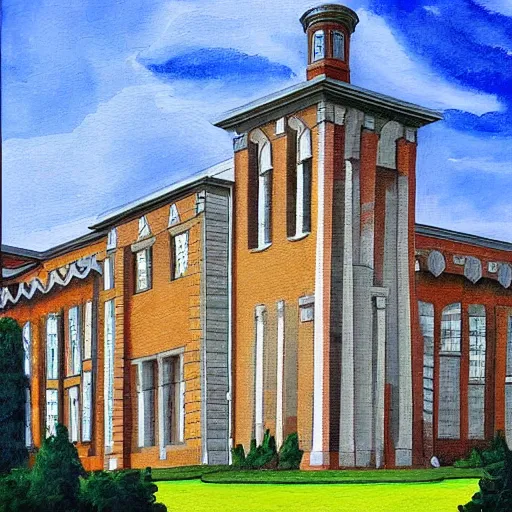 Image similar to “ painting of pinelands regional high school building, high renaissance style, hd, detailed, photorealistic, 4 k, award winning, michelangelo, leonardo da vinci ”