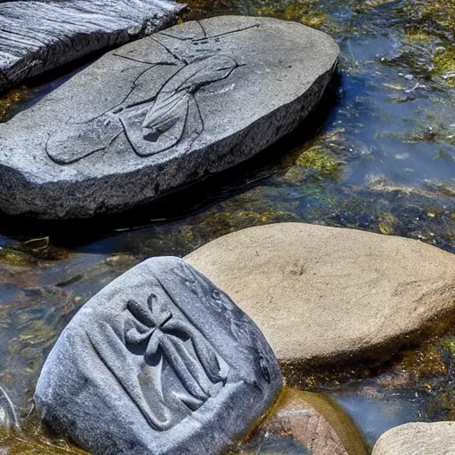 Image similar to detailed footage of european hunger stones in a river, photographic journalism, realistic, european river, carvings of drought and famine