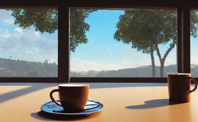 Image similar to a cup of coffee on a cafe table near a window with view to the sunrise, concept art, octane render, unreal engine 5, trending on artstation, high quality, highly detailed, path traced, high coherence, hyperrealistic, godrays, serene scene, soft lighting, macro photo