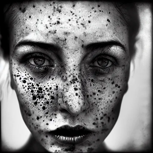 Prompt: photo by lee jeffries, black and white, beautiful woman, freckels, seductive, face shot, facing the camera