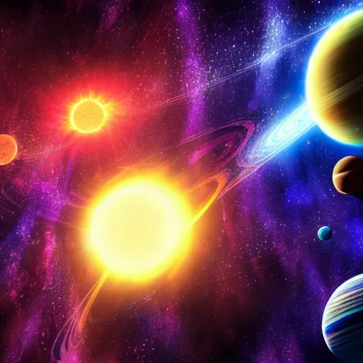 Image similar to an ultradetailed colorful illusturation of a solar system in space by makato shinkai, anime wallpaper 4 k