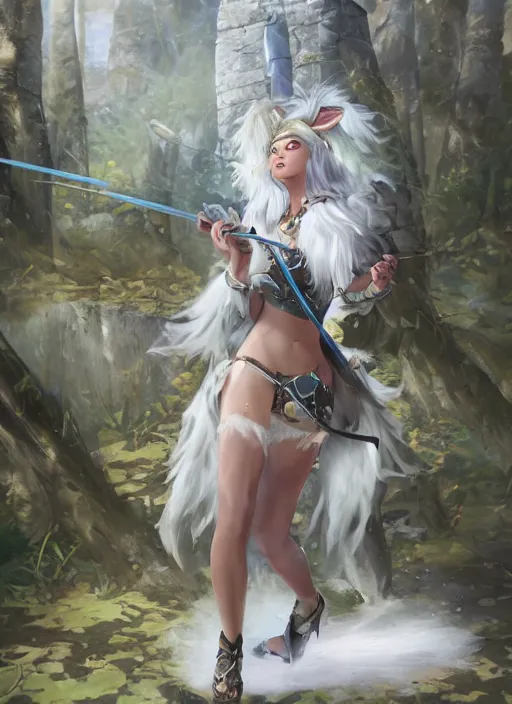 Prompt: ashe, from league of legends, shooting arrows with a silver bow, wearing fluffy bear skin, long skirt, hyper detailed, digital art, trending in artstation, cinematic lighting, studio quality, smooth render, unreal engine 5 rendered, octane rendered, art style by klimt and nixeu and ian sprigger and wlop and krenz cushart