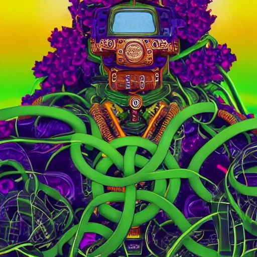 Image similar to colourful vfx art - portrait of army mecha robot wrapped in flowers & vines, art by utagawa kunisada & tadanori yokoo, volumetric light, ray tracing, sharp, detailed, digital painting, illustration, highly detailed, intricate detail, unreal engine, octane render, pinterest, behance, art station,