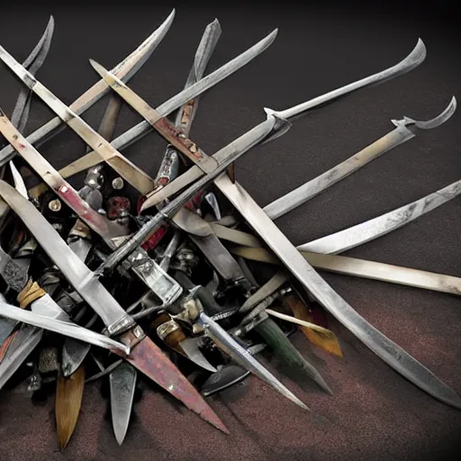 Prompt: pile of swords in Romantic style. 8k
