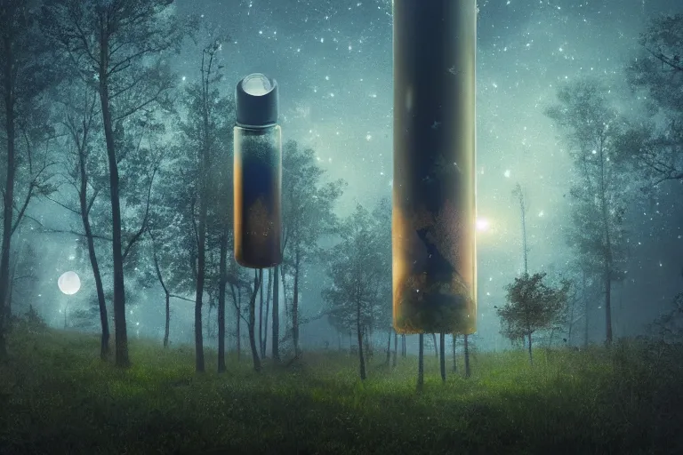 Prompt: giant perfume bottle in dark leaves and enchanted forest surreal photography, dark night, stars, moon light, impressionist painting, clouds, hyper - realistic, simon stalenhag