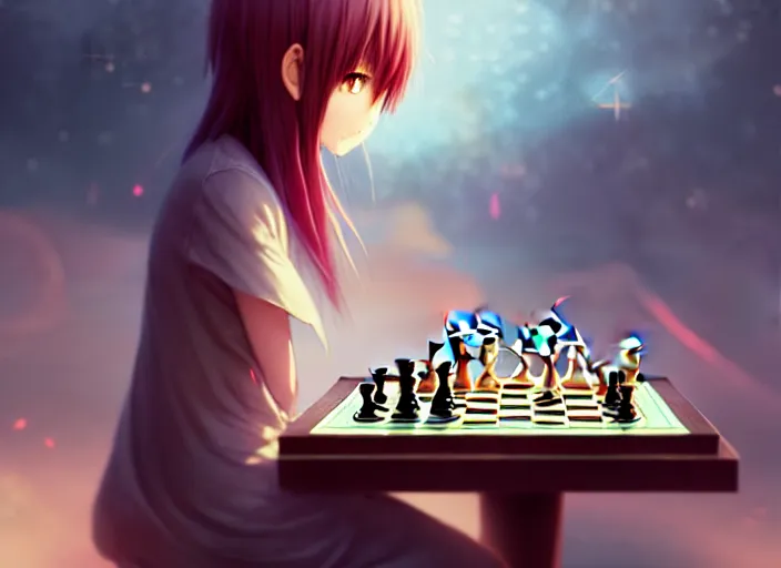 Prompt: rimuru playing chess, with amber eyes of gold color, straight hair, sky blue hair, long bangs, high collar, concept art, award winning photography, digital painting, cinematic, by wlop, anime key visual, wlop, 8 k, by ross tran, tom bagshaw, andy warhol