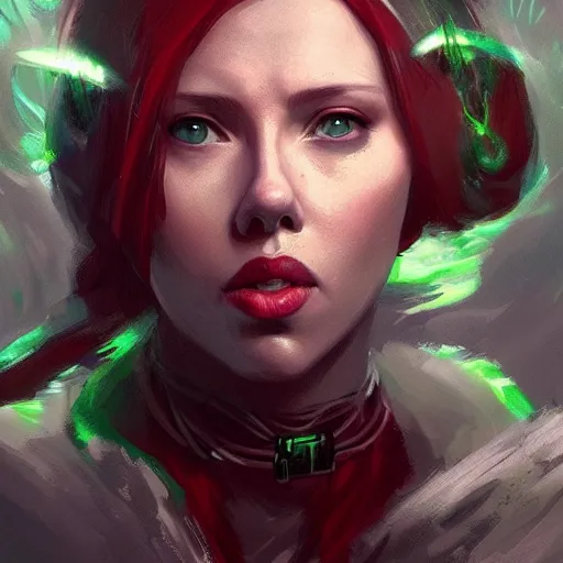 Image similar to scarlet Johansson as a elf Druid girl with red hair and glowing green eyes , trending on ArtStation , concept art by greg rutkowski