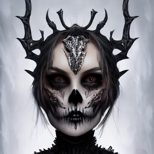 Prompt: a girl wearing a gothic outfit, skull makeup, highly detailed, digital painting, artstation, concept art, smooth, sharp focus, illustration