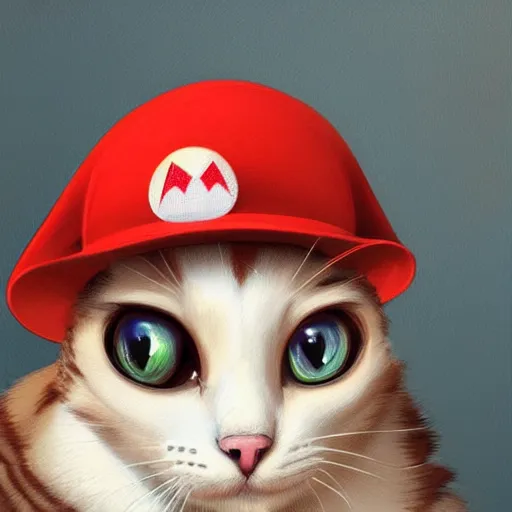 Image similar to Portrait of a Cat dressed as Super Mario, Mario hat, kawaii aesthetic, nintendo, highly detailed, digital painting, artstation, concept art, smooth, sharp focus, illustration, art by artgerm and greg rutkowski and alphonse mucha