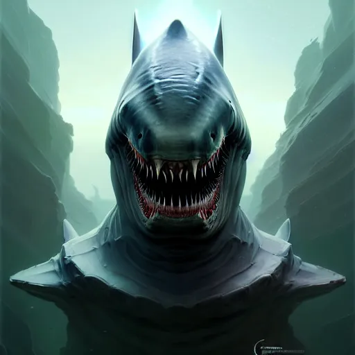 Image similar to professional ominous concept art portrait of a shark - human chimera character by artgerm and greg rutkowski. an intricate, elegant, highly detailed digital painting, concept art, smooth, sharp focus, illustration, in the style of simon stalenhag, wayne barlowe, and igor kieryluk.