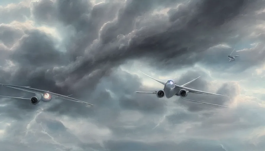 Prompt: Aircraft crossing thunderstorms, hyperdetailed, artstation, cgsociety, 8k