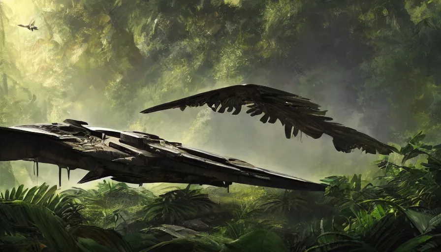 Image similar to a beautiful painting of a crashed klingon bird of prey in a lush jungle, ray traced lighting by kalin popov and greg rutkowski