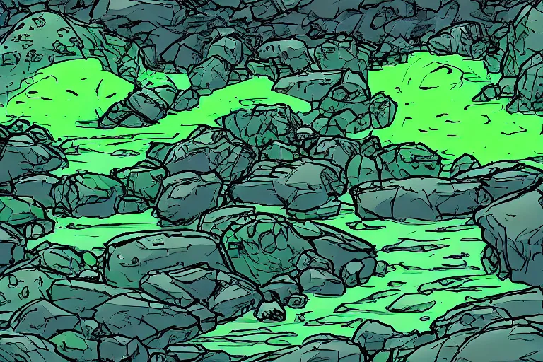 Prompt: glowing green rocks, toxic sludge, like where the hulk would live, landscape, comic book art style, pictures in sequence, storyboarding, speech bubbles, explosions