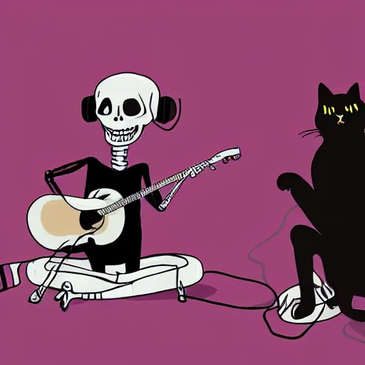 Image similar to skeleton wearing headphones watching girl playing guitar with her black cat standing next to her, digital art