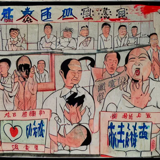 Image similar to chinese men in a prison, heart kidney lungs, in the style of daniel johnston and outsider art, 4k, overlaid with chinese text