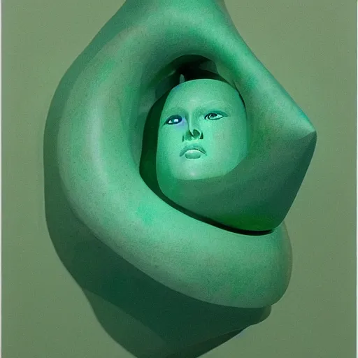 Prompt: A sculpture. A rip in spacetime. Did this device in her hand open a portal to another dimension or reality?! Louis Vuitton, pastel green by Greg Girard dreadful