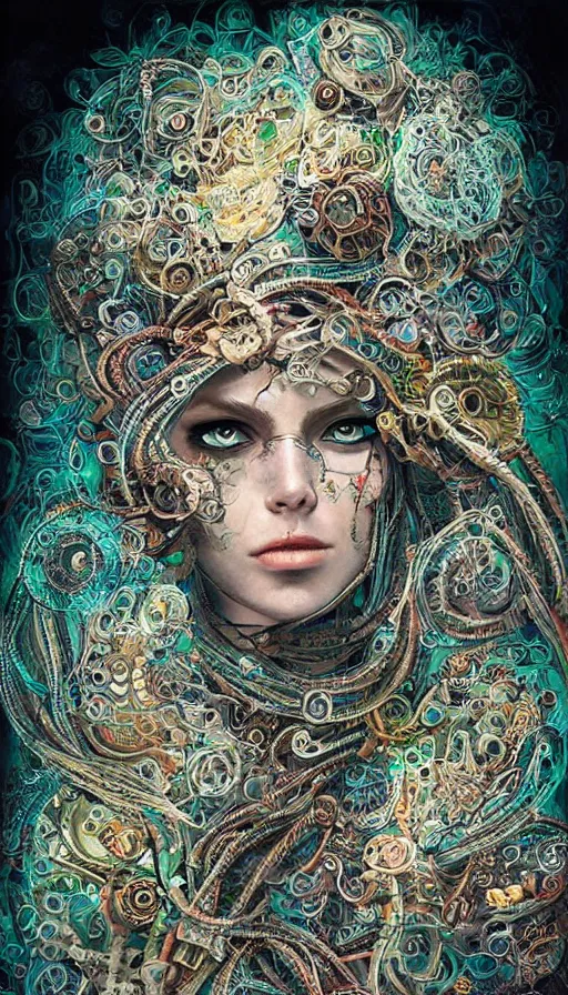 Image similar to beautifully stunning stonepunk woman_integrating_with_technology_full_face_insipiring_detailed_intricate_ornate_cables_connected_to_head_big_open_electric_eyes_ the_singulairty is now by android jones