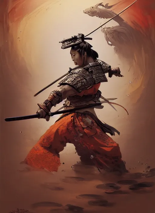 Image similar to samurai with the head of a koi, subsurface scattering, by jesper ejsing, justin gerard, tomasz alen kopera, cgsociety and fenghua zhong, highly detailed, rim light, cinematic lighting, illustration, art, octane render, very coherent, cinematic, hyper realism, high detail, octane render, 8 k