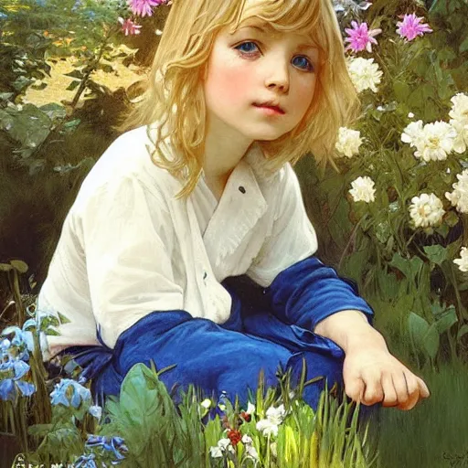 Prompt: a cute seven year old boy with tousled blonde hair and blue eyes in a lovely garden, beautiful painting by artgerm and greg rutkowski and alphonse mucha, highly detailed face