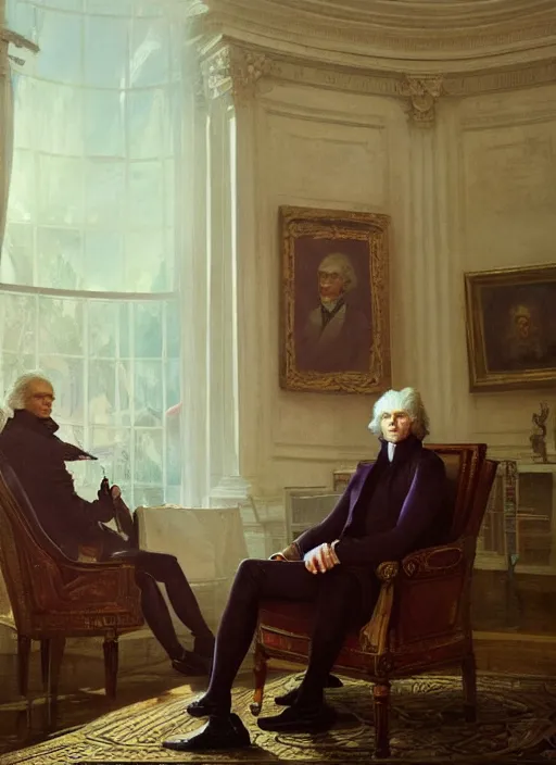 Prompt: a portrait of thomas jefferson in the oval office, cyberpunk, detailed by gaston bussiere, bayard wu, maxim verehin, greg rutkowski, masterpiece, sharp focus, cinematic lightning