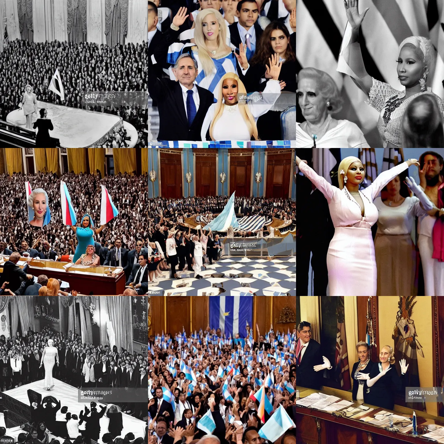 Prompt: Nicki Minaj president of Argentina, waving hands as Eva Perón, in the Argentine Congress, many flags of Argentina behind, detailed picture