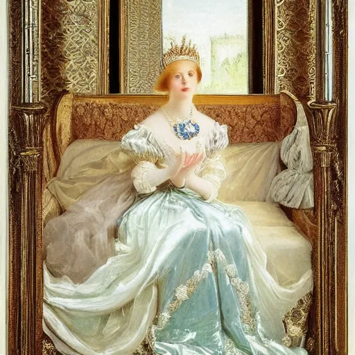 Image similar to a very very beautiful portrait of a young wealthy princess inside a very beautiful room by Frank Cadogan Cowper, graceful gaze, victorian style, golden jewellery