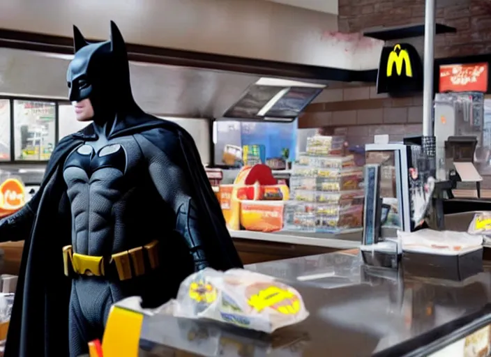 Image similar to film still of Batman working as a cashier at McDonalds in the new batman movie, 4k