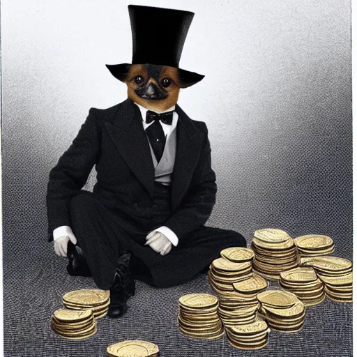 Image similar to A tan pomeranian wearing a top-hat, sitting on top of a large pile of gold coins