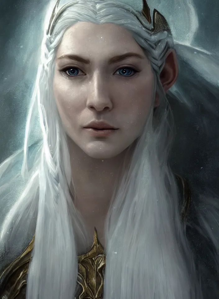 Image similar to a closeup portrait of an elven queen from skyrim wearing white mithril armor, fantasy setting, cold environment, serene colors, soft lighting, atmospheric, cinematic, moody, in the style of diego koi, gina heyer, luiz escanuela, art by alyssa monk, depth, hyperrealism, rule of thirds, golden ratio, oil on canvas, 8 k