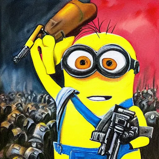 Image similar to a beautiful complex painting of a minion dressed as a soldier in world war ii the minion is shooting his gun