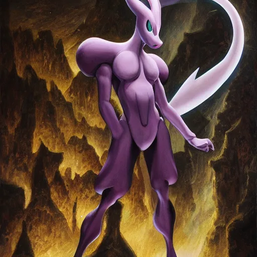 Prompt: Mewtwo (From Pokémon), elden ring boss, matte painting, detailed, elden ring, oil on canvas