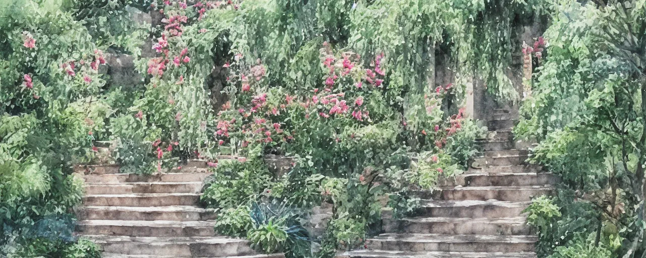 Image similar to isomeric view, stairway, delicate water in a botanic garden, garden road, sparrows, temple in a botanical herbarium paper, watercolor colored painting, iridescent colors, 8 k, realistic shaded, fine details, artstation, italian style, colonnade, flowers, architecture, roma