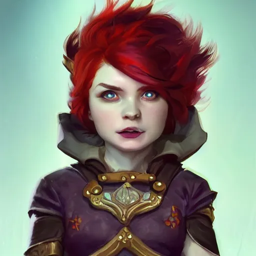 Image similar to a spirited halfling sorcerer woman with red hair, freckles like bronze scales, gold eyes, therapist, witch's outfit, character art, full body art, Dungeons and Dragons, D&D, trending on artstation, artgerm, 4k ultra hd, sharp focus, digital art by Ilya Kuvshinov and Ross Tran,