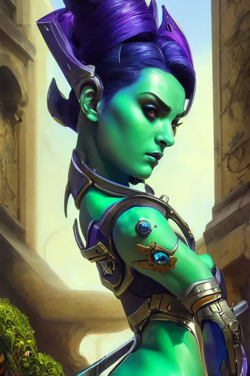 Image similar to painting of widowmaker from overwatch wearing ornate plastic armor, green blue skin color, ultra realistic, sharp details, subsurface scattering, intricate details, warm lighting, beautiful features, highly detailed, photorealistic, octane render, 8 k, unreal engine, art by artgerm and greg rutkowski and alphonse mucha