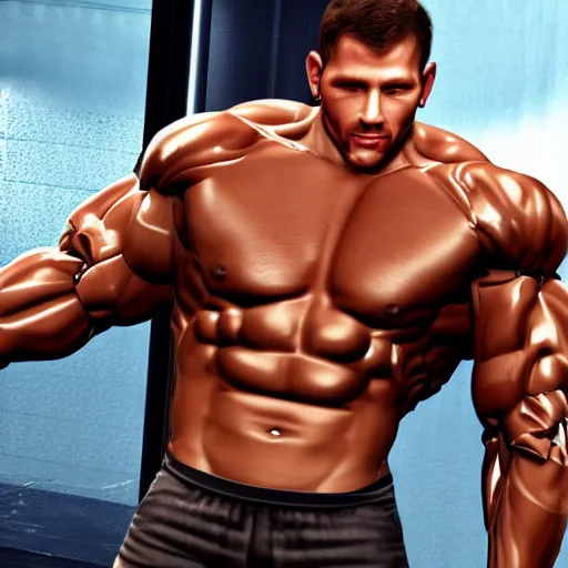 Image similar to a realistic detailed photo of a bodybuilder who is also a male android Chris Redfield, shiny skin, posing robotically, blank stare