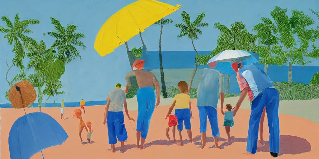 Prompt: a family with a refrigerator and an umbrella go to the beach, david hockney, detailed