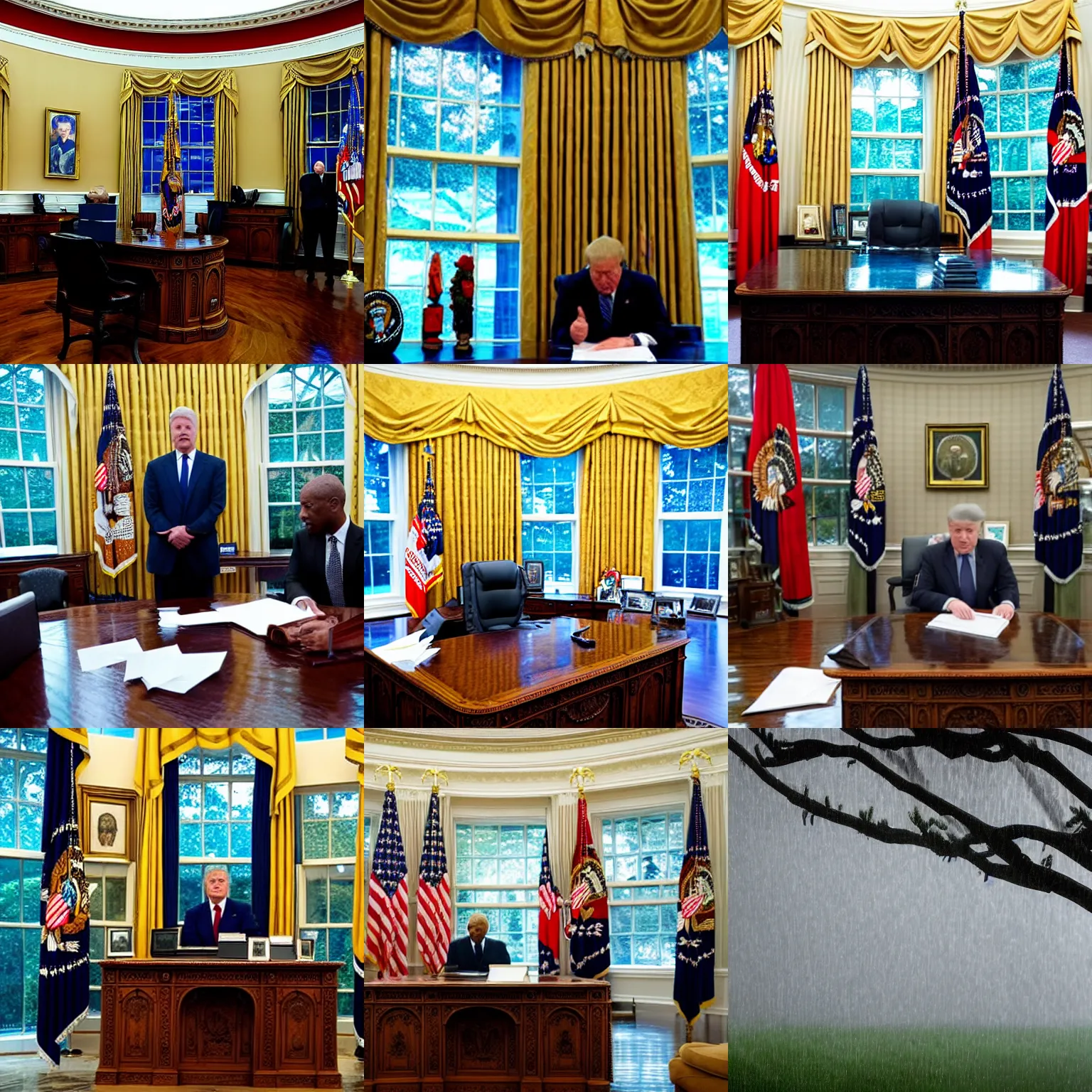 Prompt: thunderstorm pouring rain in the oval office.