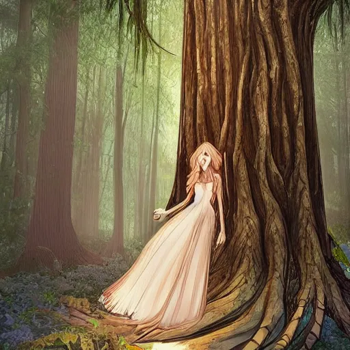 Image similar to forest trees, digital art, high details, magical, fantasy, https://media.discordapp.net/attachments/1005597369187958895/1006585564142776320/a_beautiful_fantasy_woman_makes_camp_under_a_large_mushroom_moss_dewdrops_rainstorm_watercolor_dramatic_lighting_cinematic_establishin_-H_704_-n_9_-i_-s_150_-S_664894794_ts-1660000276_idx-2.png