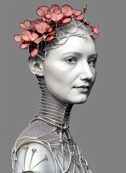 Prompt: complex 3d render ultra detailed of a beautiful porcelain profile woman face, mechanical cyborg, 150 mm, beautiful natural soft light, rim light, studio light, silver gold details, magnolia big leaves and stems, roots, fine foliage lace, mesh wire, intricate details, hyperrealistic, mandelbrot fractal, anatomical, red lips, white metal armor, facial muscles, cable wires, microchip, elegant, Alexander Mcqueen haute couture, octane render, H.R. Giger style, 8k