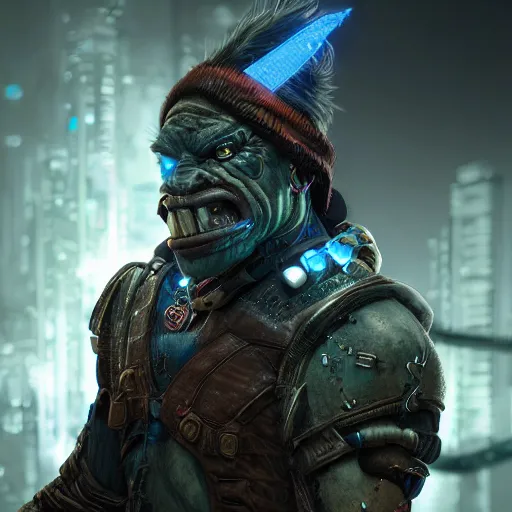 Image similar to hyper realistic cyberpunk orc, 8 k, photography, glowing lines, rule of thirds, ultra detailed.