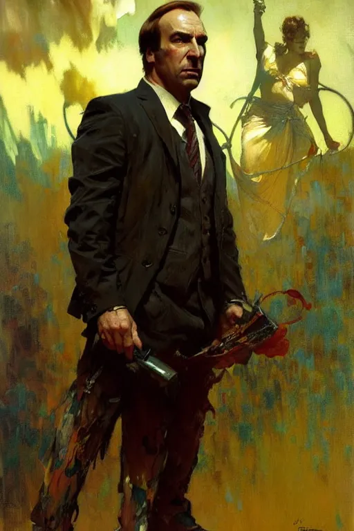 Image similar to saul goodman, painting by'phil hale '!!! gaston bussiere, craig mullins, greg rutkowski, alphonse mucha