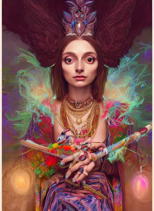 Image similar to an anthropomorphic beautiful goddess female wizard made of owl portrait holding a staff wearing colourful robe, fine art, award winning, intricate, elegant, sharp focus, octane render, hyperrealistic, cinematic lighting, highly detailed, digital painting, 8 k concept art, art by jamie hewlett and z. w. gu, masterpiece, trending on artstation, 8 k