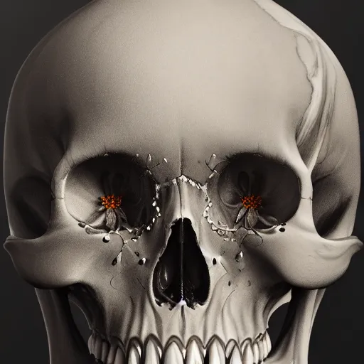 Prompt: hyperrealistic mixed media painting of a beautiful attractive flower marble skull, dim volumetric lighting, 8 k, octane beautifully detailed render, extremely hyper detailed, intricate, epic composition, cinematic lighting, masterpiece, trending on artstation, very very detailed, masterpiece, stunning, hdr, smooth, sharp focus, high resolution, award, winning photo, dslr