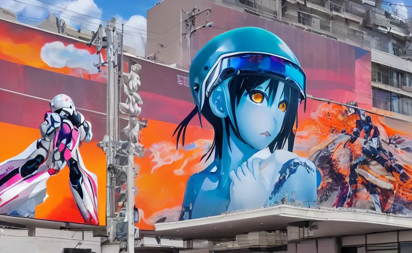 Image similar to billboard advertisement with an extremely beautiful photo of a white marble statue of an anime girl with colorful motocross logos and motorcycle helmet with closed visor, colorful smoke in the background, carved marble statue, fine art, neon genesis evangelion, virgil abloh, offwhite, denoise, highly detailed, 8 k, hyperreal