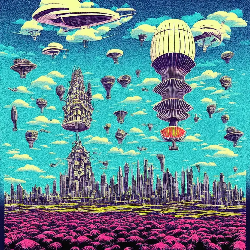 Image similar to surreal glimpse into other universe, mahanakorn tower with airship floating n the sky, summer morning, very coherent and colorful high contrast, art by!!!! joan miroi!!!!, geof darrow, floralpunk screen printing woodblock, dark shadows, hard lighting, stipple brush technique,