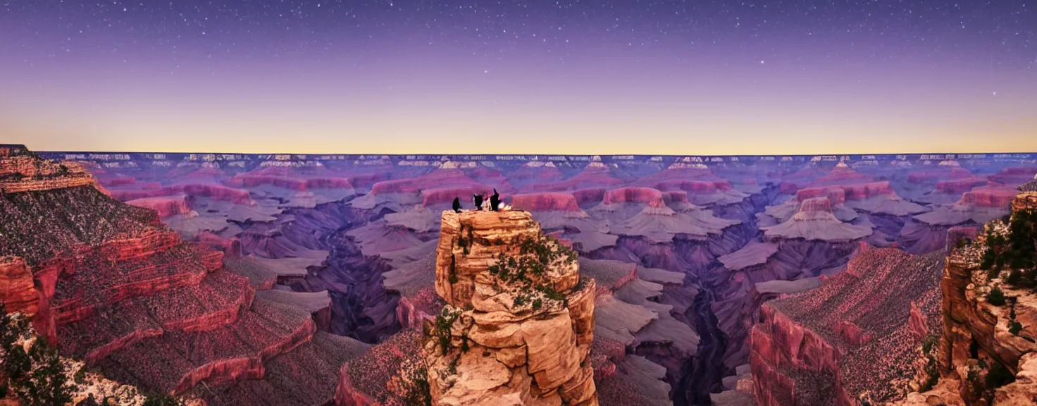 Prompt: Grand Canyon, night scenery, group of tourists and minivan standing at the edge and photographing a big neon-lit figure floating in the sky above the Grand Canyon, beautiful lighting, professional photography